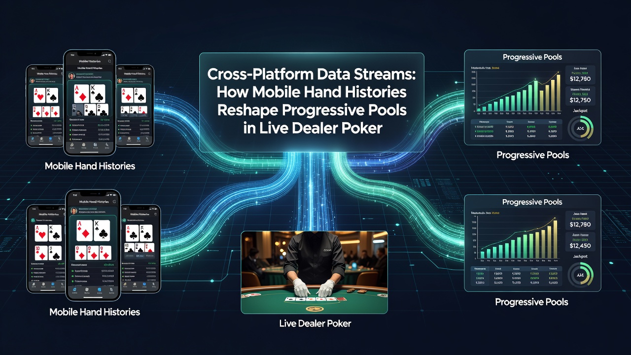 Darstellung der Datenflüsse von mobilen Poker-Handhistorien zu Live-Dealer-Pools und Reel-basierten Jackpot-Systemen