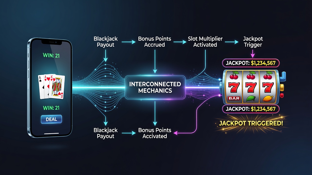 Mobile Schnittstelle zeigt Blackjack-Ergebnisse, die in Slot-Jackpot-Zähler einfließen