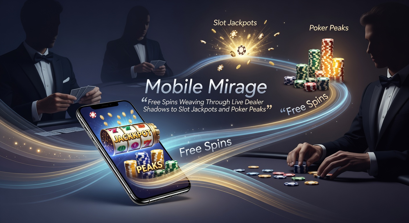Smartphone-Bildschirm zeigt ein mobiles Casino mit wirbelnden Freispielen, Live-Dealer-Tischen und leuchtenden Slot-Jackpots im Hintergrund