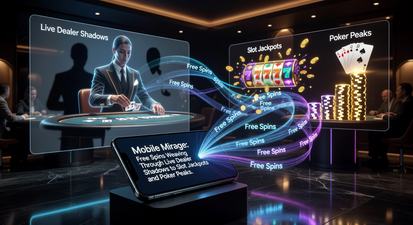 Dynamische Grafik eines mobilen Pokerspiels mit Jackpot-Slots und einem Live-Dealer im Hintergrund, Freispiele wirbeln dazwischen