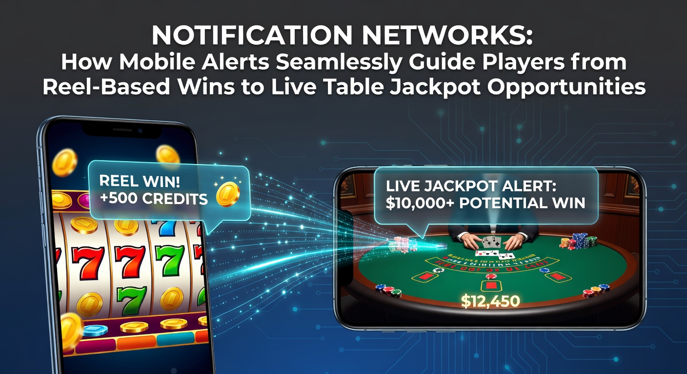 Illustration eines mobilen Bildschirms mit Benachrichtigungen, die von Slot-Gewinnen zu Live-Casino-Tischen führen