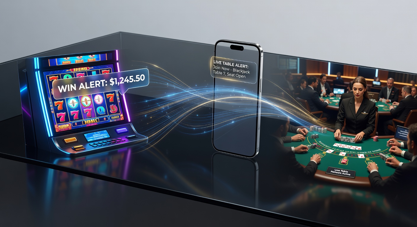 Grafik zeigt Vernetzung von mobilen Alerts zwischen Slot-Spielen und Live-Tischen mit Jackpot-Anzeigen