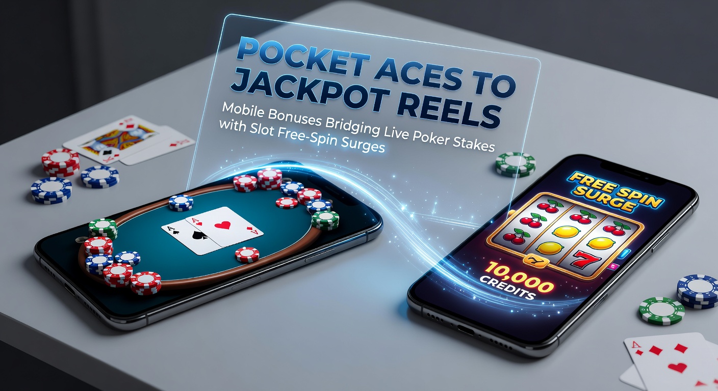 Detaillierte Grafik eines mobilen Bonus-Flows von Poker-Chips zu drehenden Slot-Walzen mit Jackpot-Indikatoren