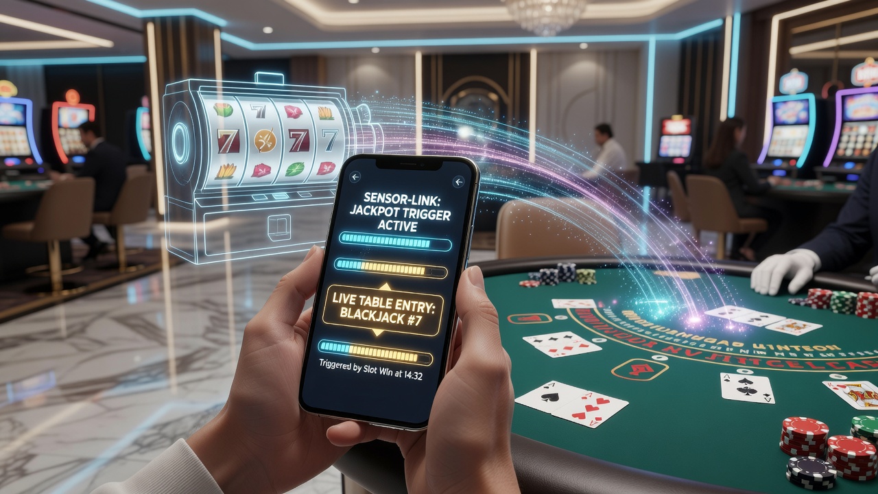 Sensorbasierte mobile Schnittstellen zeigen Verbindungen zwischen Slot-Gewinnen und Live-Tisch-Einträgen in einem Casino-Setting
