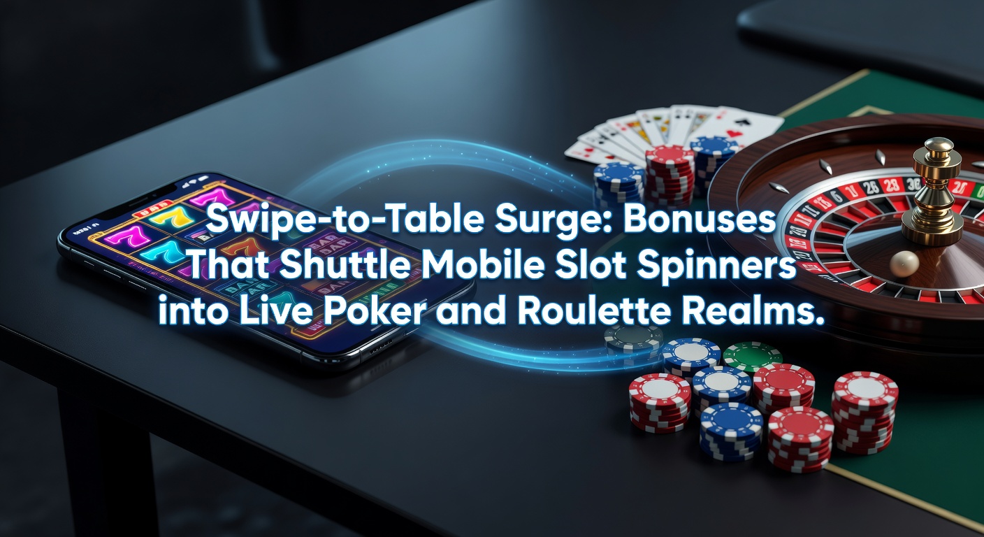 Smartphone-Bildschirm zeigt Swipe-to-Table-Bonus, der Slot zu Live-Roulette überleitet, mit leuchtenden Animationen und Dealer am Tisch