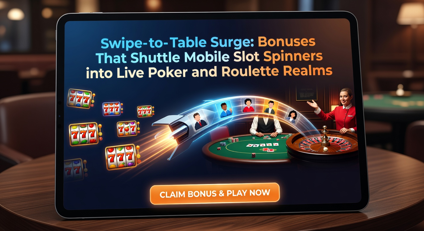 Live-Dealer an Poker-Tisch mit Swipe-Animation vom Slot-Bildschirm, umgeben von mobilen Icons und Bonus-Chips