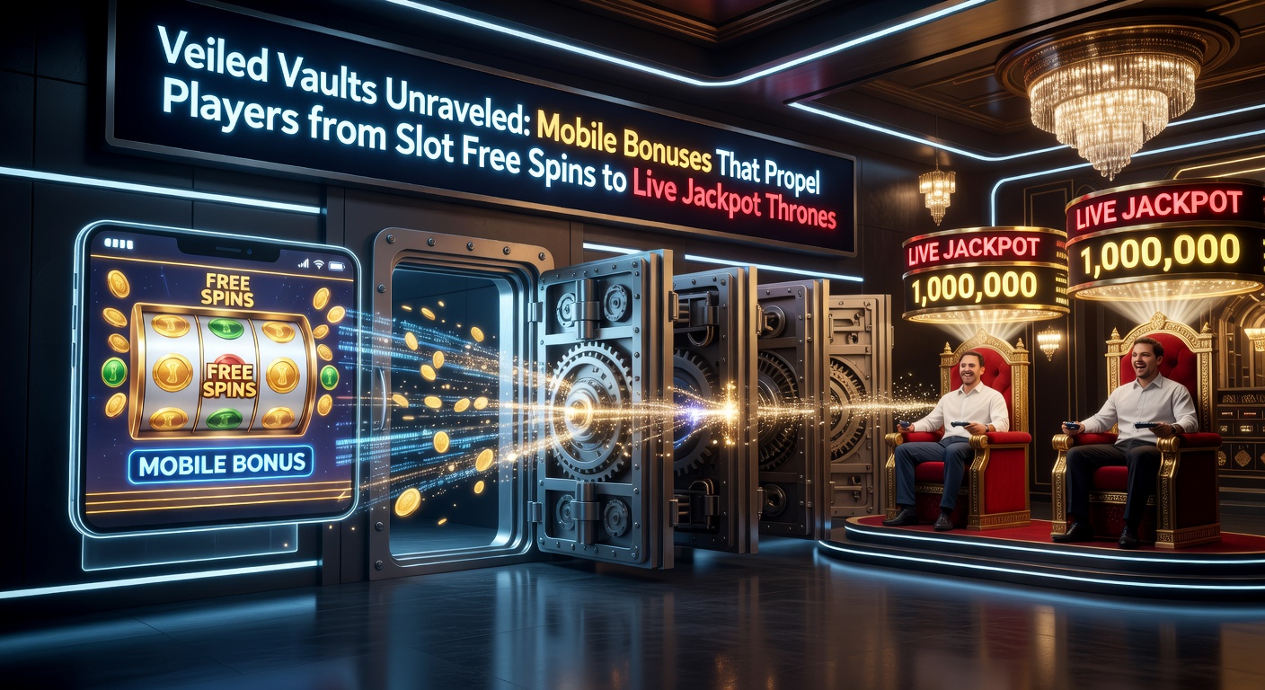 Smartphone-Bildschirm zeigt Slot-Freispiele, die zu einem Live-Jackpot-Tisch übergehen, mit leuchtenden Bonus-Symbolen und Dealer im Hintergrund