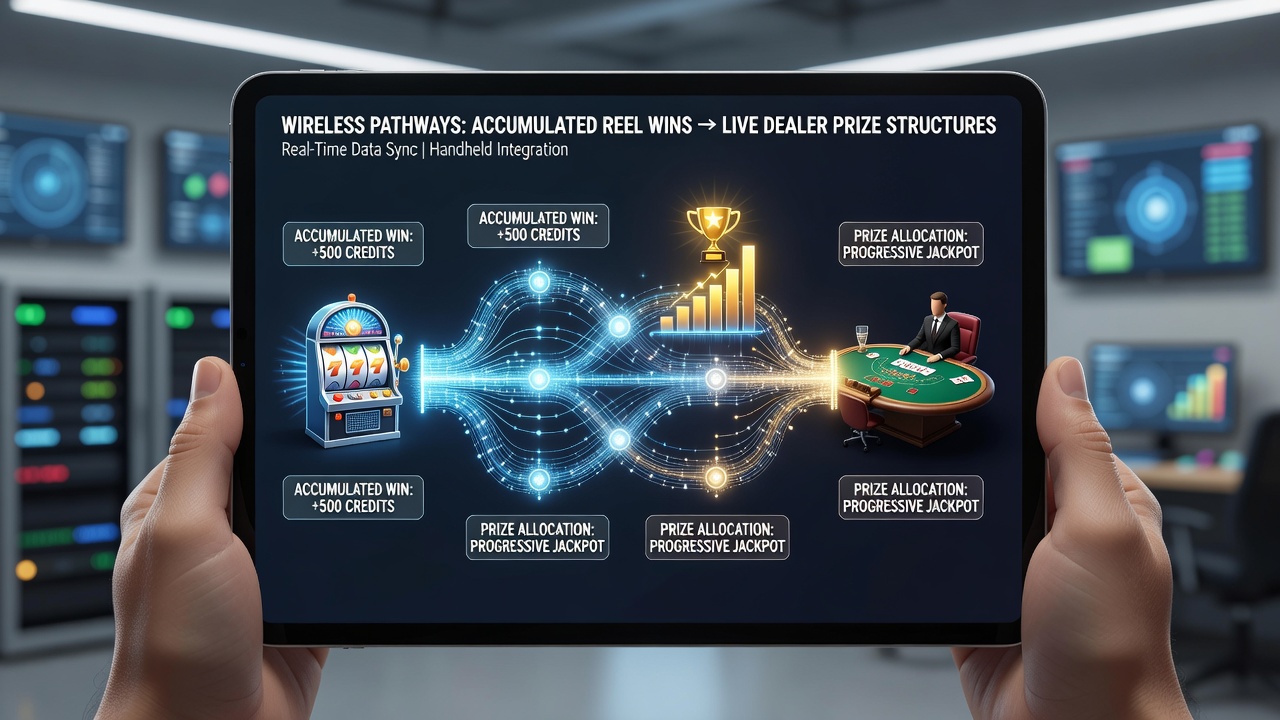 Schnittstelle eines Handheld-Geräts zeigt Übertragung akkumulierter Slot-Gewinne in Echtzeit zu einem Live-Dealer-Tisch mit Preisindikatoren