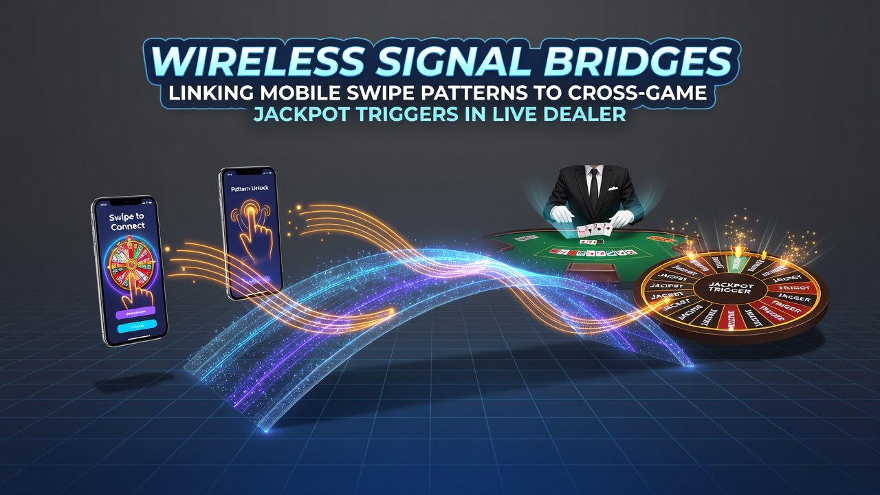 Diagram showing how mobile swipe patterns link to cross-game jackpot triggers via wireless signals in live dealer environments